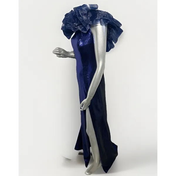 Sherri Hill 55328 Navy Blue Sequin Off-The-Shoulder Ruffle Gown – Size 00 - Image 6