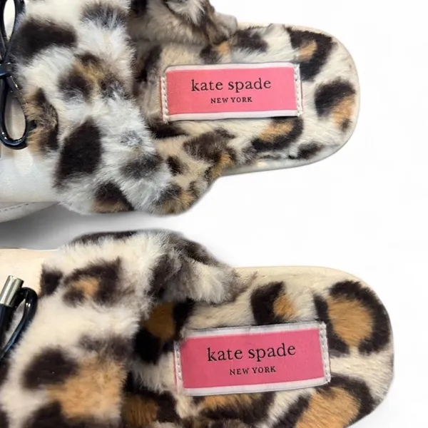 Kate Spade Lacey Slippers Women 8 Leopard Faux Fur Cream Bow Spade Charm Mule - Image 3