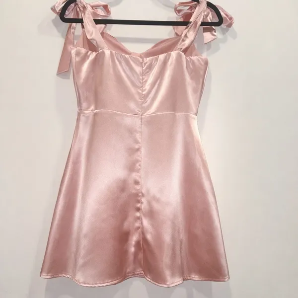 Lucy In The Sky Pink Satin Bow Strap Mini Dress Sweetheart Bustier A line Ruched - Image 3