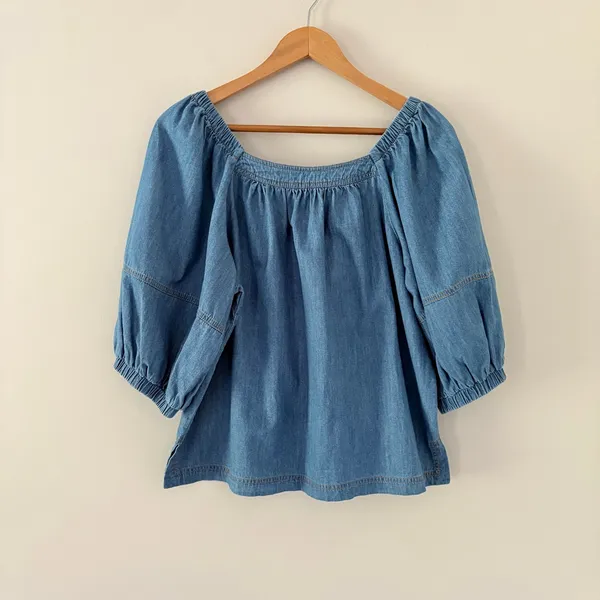 Sundance Denim Chambray Top M Blue Boho Puff Sleeve Square Neck Cotton Blouse - Image 9
