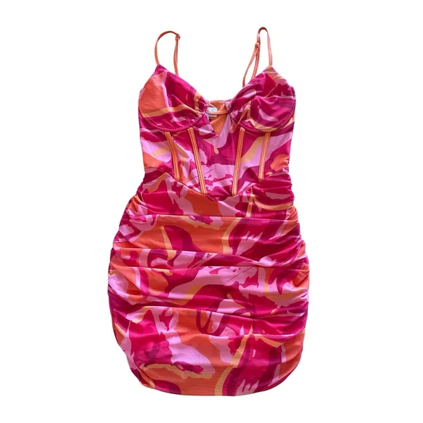 SUPERDOWN NWT‎ Dayana Corset Mini Dress Medium Red Multi Mesh Ruched - Image 3