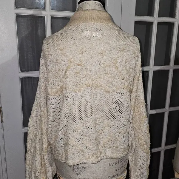 Anthropologie Womens Tan Natural Cropped Lace Cardigan‎ Sweater M/L Medium Large - Image 2