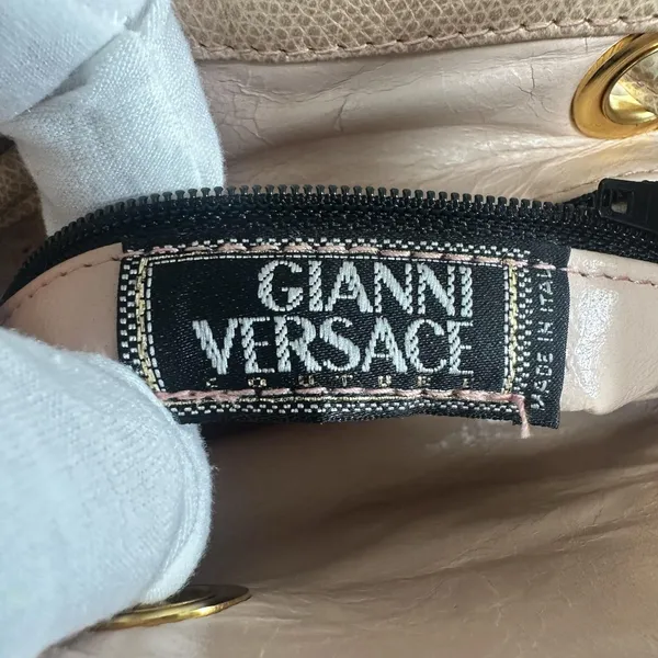 Gianni Versace Vintage Backpack Bag Womens Mini Beige Leather Italy Medusa Gold - Image 4