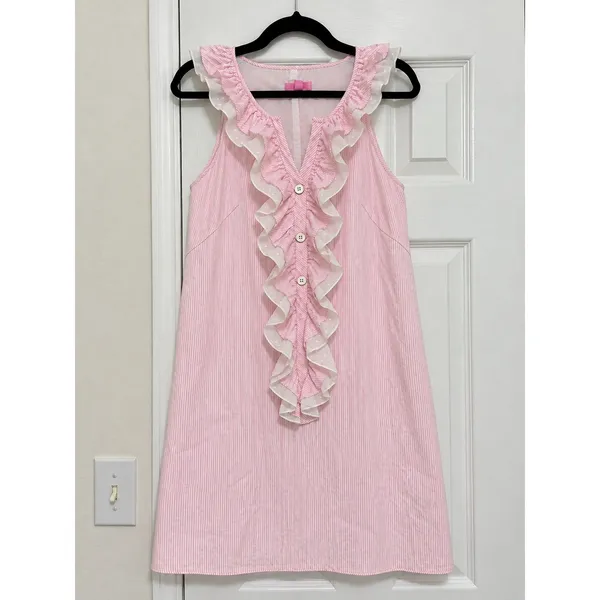 Lilly Pulitzer Pink Stripe Ruffle Shift Dress Cotton Sleeveless Preppy Size 2 - Image 2