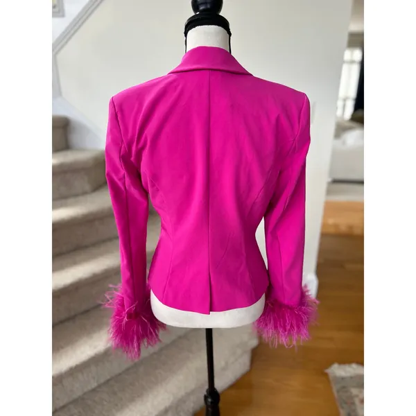 NWT NBD Elisha "Fuchsia" Hot Pink Feather Trim Rhinestone Button Blazer Glam - Image 10