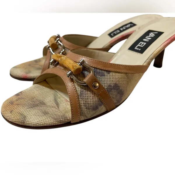 VANELI Tan/Beige Floral Canvas/Leather Slides Mules Heels Shoes - Size 8.5 Slim - Image 6