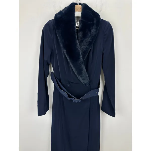 NEW Naked Wardrobe The Statement Trench Coat Navy Fur Shawl Collar Belted Small - Image 3