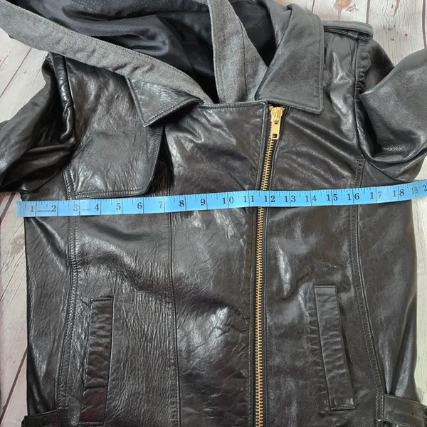 ALC Black Lamb Leather Hooded Moto‎ Jacket Paneled Wool Blend Contrast Trim 4 - Image 9