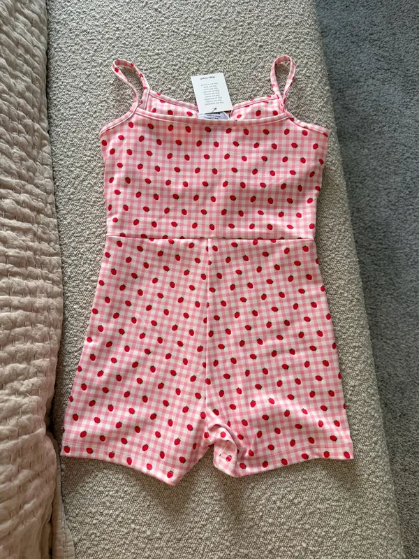 Happy Camper Pink checkered active romper with strawberries Size undefined - Image 7