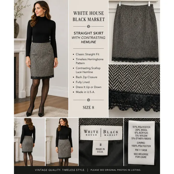 White House Black Market Skirt Size 8 Black White Pencil Lace Hem Lined Career - Image 4
