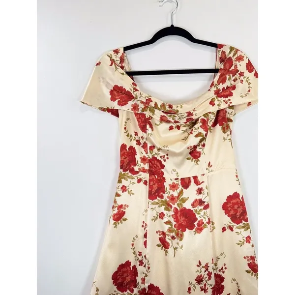 Reformation Mini Dress Beige Lanelle Silk Floral Off Shoulder Satin Smocked XS - Image 5