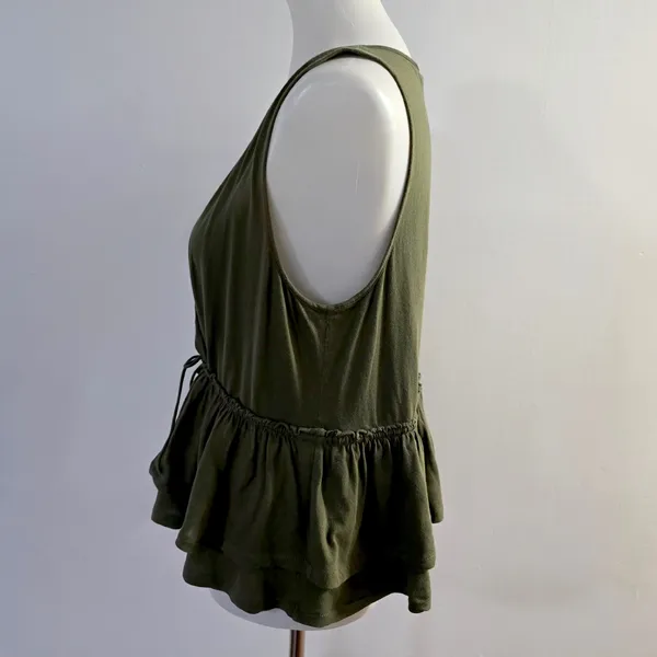 J.Crew Peplum Wrap Top Large Olive Green Cotton Tiered Ruffle Sleeveless V-Neck - Image 3