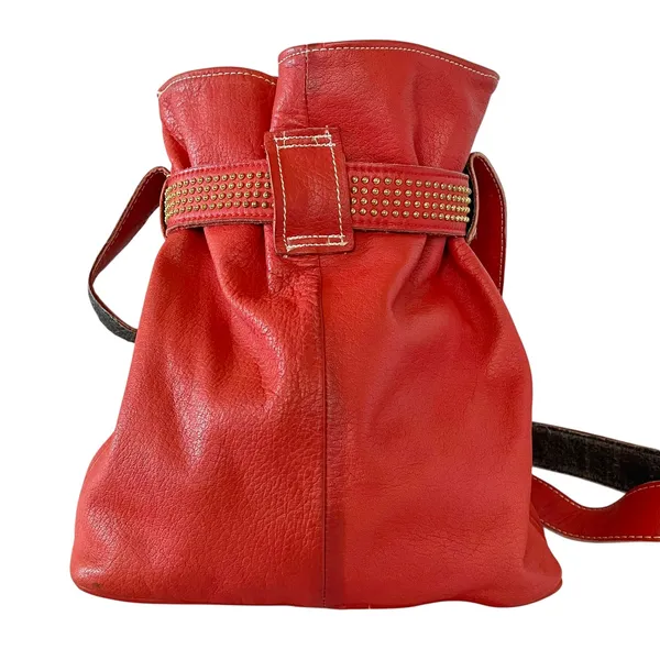 Vintage L.J. Simone Red Leather Glam Studded Belt Crossbody Hobo Bucket Bag - Image 3