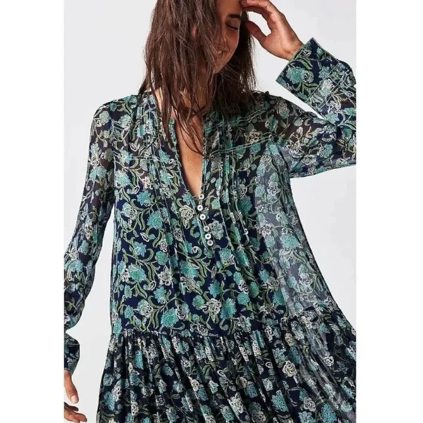 Free people Bohemian See it through Maxi Dress Twilight Floral Large Retro 70s - Image 5