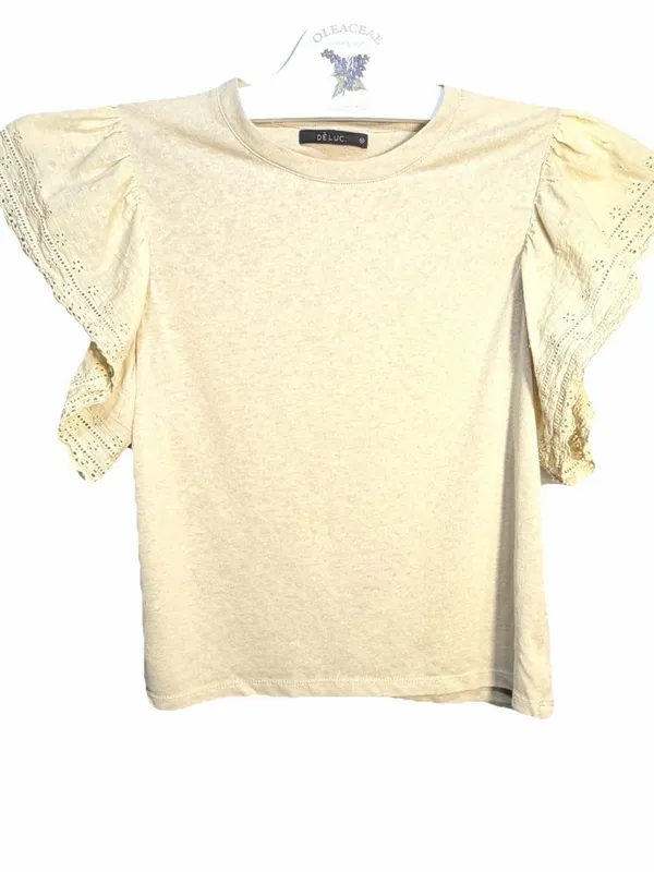 NORDSTROMS DELUC Women’s Lace Detail Flutter Sleeve Crew Neck Top Shirt Size M - Image 2