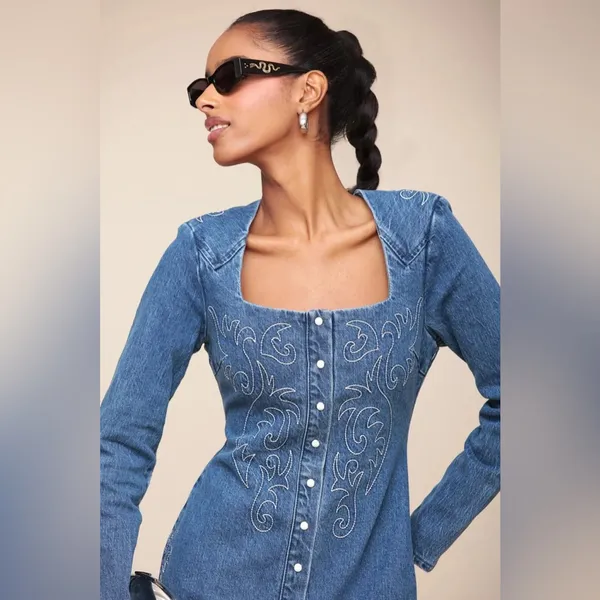 Avec Les Filles Western Embroidery Long Sleeve Straight Neck Denim Mini Dress - Image 8