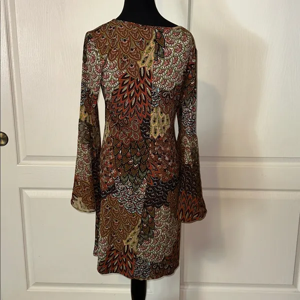 MSK PATCHWORK PEACOCK PIPED FEATHERED BELL SLEEVE DRESS Brown - Image 3
