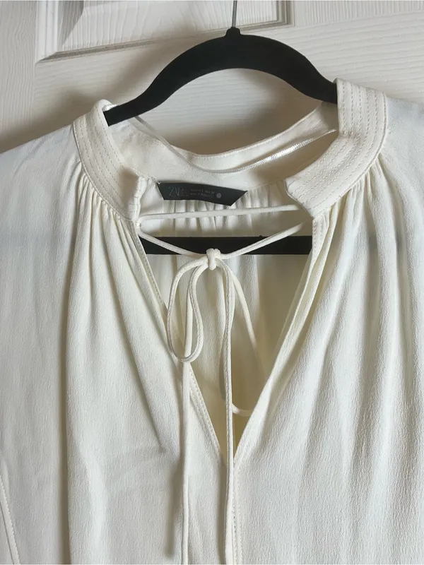 Zara ZW Collection Oyster White V-Neck Tie Front Long Sleeve Midi Dress Large - Image 6