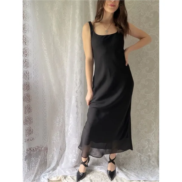 Vintage Hampton Nites Black Bias Cut Slip Dress Maxi Goth Minimalist 90s - Image 7