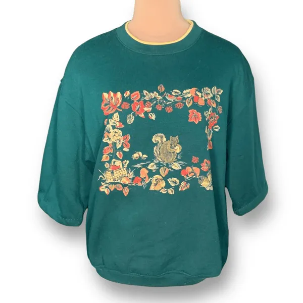 Vintage Basic Editions‎ Sweatshirt Green Fall Leaves Squirrel Drop Shoulder OOAK Size M - Image 2