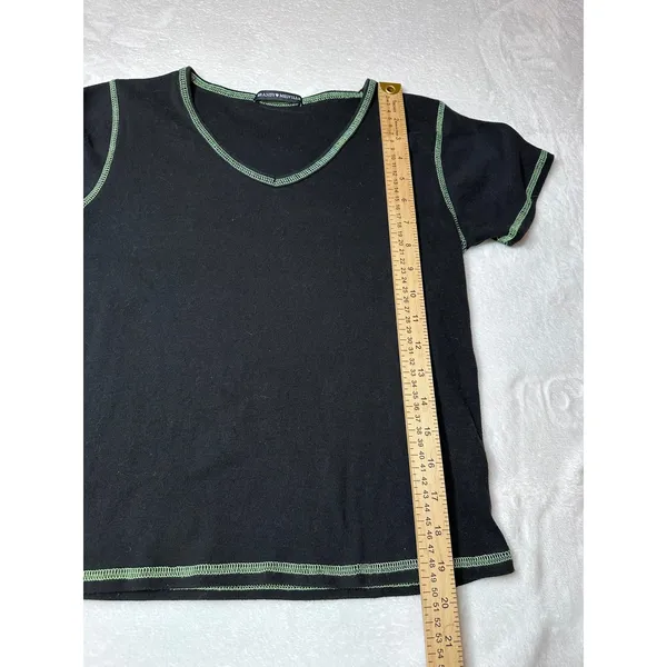 Brandy Melville Black V-Neck Tee Lime Green Contrast Stitch MD034E-Z166 Slim Fit - Image 5