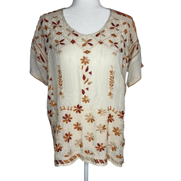Johnny Was Aubrey‎ Blouse Small Cream Embroidered Floral Boho Peasant Top Tunic - Image 2