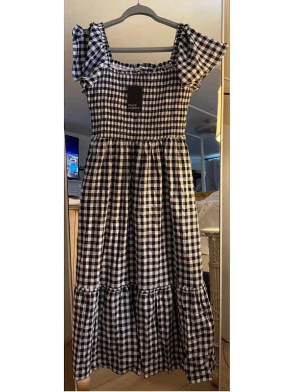 NEW Plaid Cotton 100% Cotton Smocked Square Neck Midi Lined Dress XL - Image 4