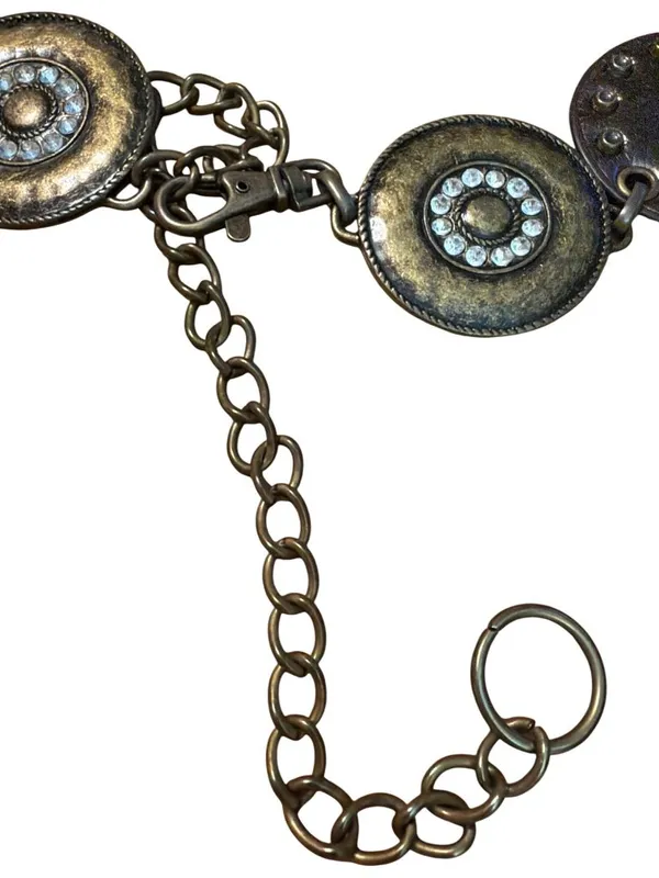 Vtg Navajo Style Metal Leather Disc Belt Rhinestones Chain Western Festival 45" - Image 4