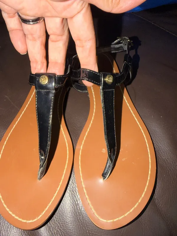 Ralph Lauren Black T-Strap Leather Sandals with Tan Footbed - Image 2
