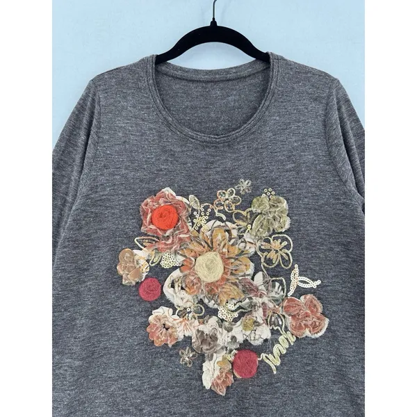 Women’s Brown Floral Applique Sequin Tunic Top Long Sleeve Boho Lagenlook Layer - Image 3