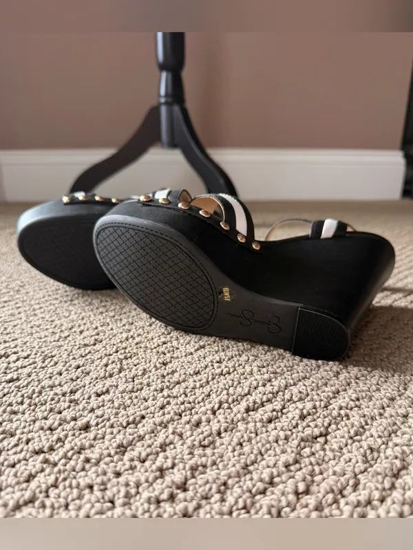 Jessica Simpson Tellira Black and White Leather Platform Strap Wedge Sandals - Image 6