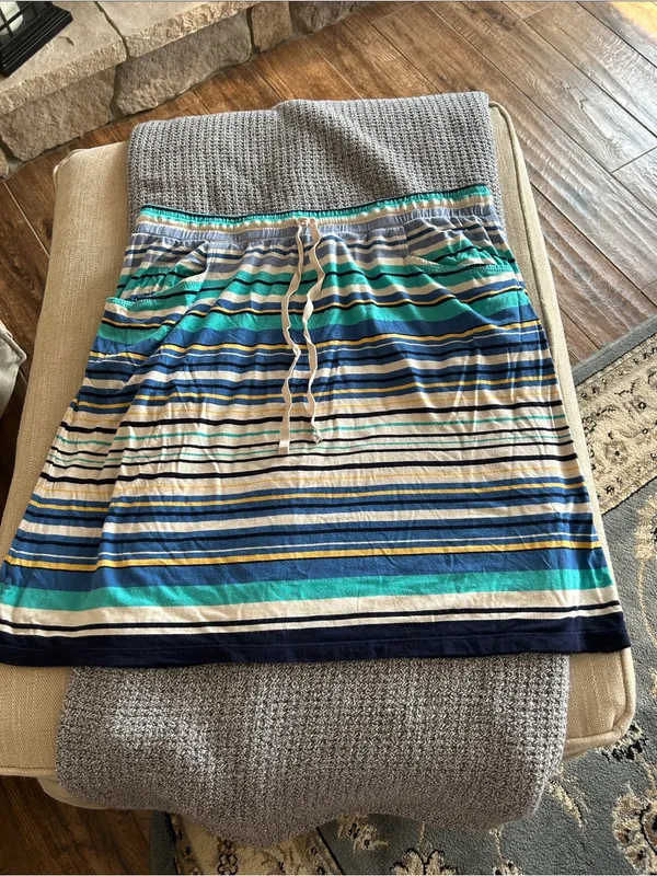 Max Studio Tie Waist Stripe Midi Skirt in Blue, Teal, Navy & Cream | Size Large - Image 2