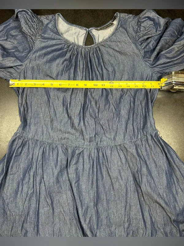 New York & Company Size L Denim Long Puff Sleeve Knee Length Dress - Image 5