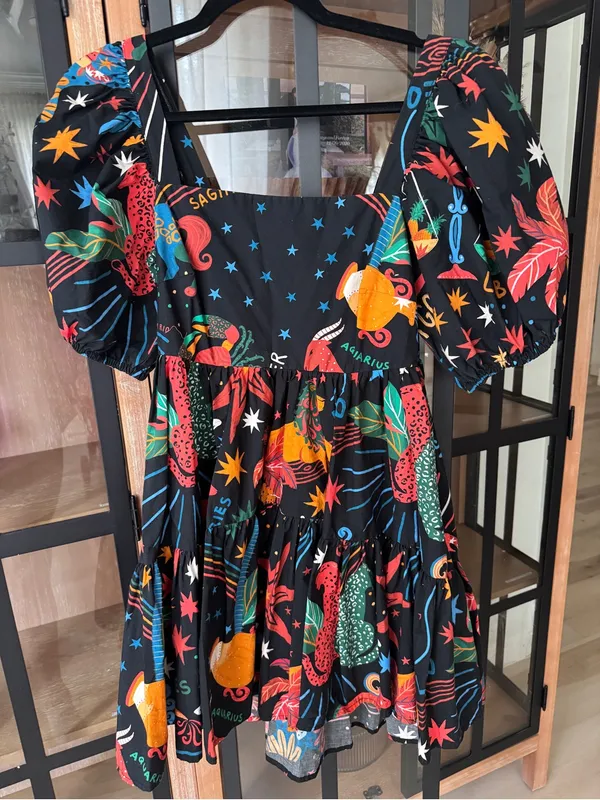 Farm Rio zodiac mini dress babydoll puff short sleeve colorful print - Image 2