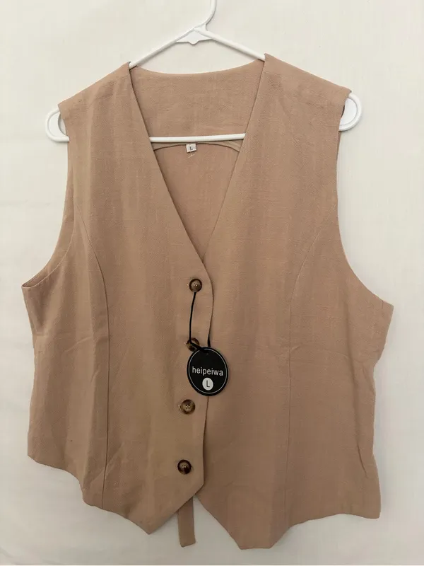 NWT Heipeiwa Women Beige Cotton Linen Button Front Tailored Vest Top Sz L(A858) - Image 2