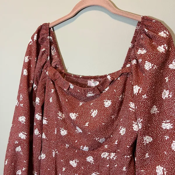 Dizzy Lizzy Rust Floral Polka Dot Puff Sleeve Square Neck Midi Dress Women's M‎ - Image 2