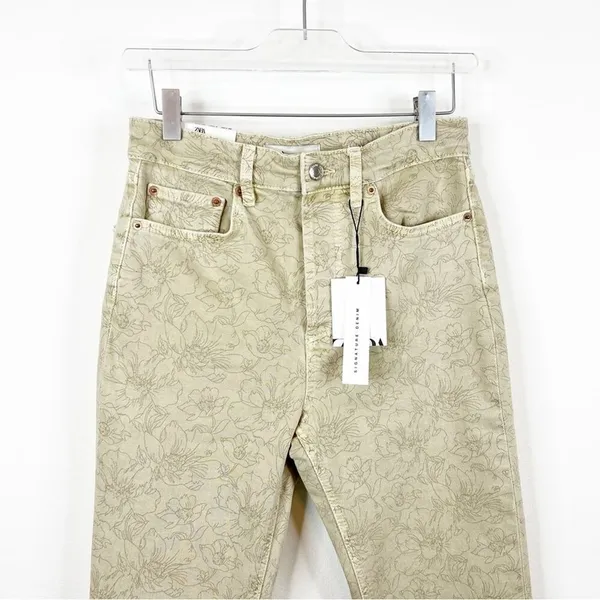 NWT‎ ZARA The Dreed Cropped Printed Flare Jeans Women's Size 4 Tan Cottagecore - Image 5
