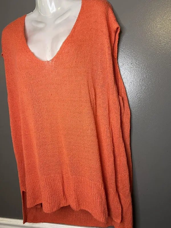 Free People Sweater Tunic Womens Medium Orange Open Knit V Neck Sleeveless Boho - Image 4