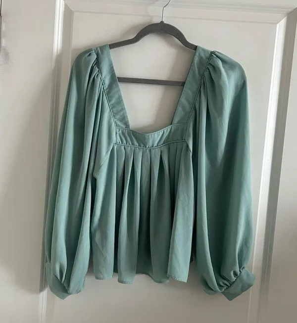 ASOS DESIGN Square Neck Top With Blouson Sleeve in Sage - Image 8