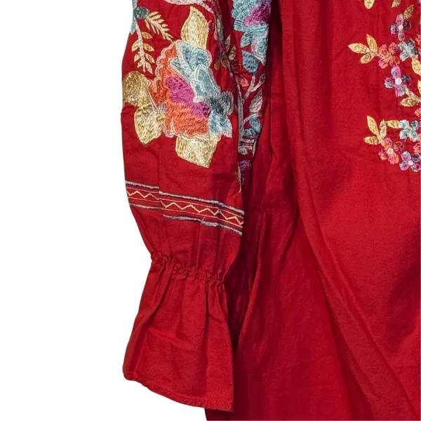 Free People Womens Dress Fleur Du Jour Embroidered Mini Off Shoulder Red Small - Image 4