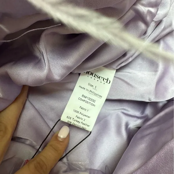House of CB ‘Tyra’ Feather Trim Long Sleeve Satin‎ Mini Shirt Dress Orchid NWOT - Image 6
