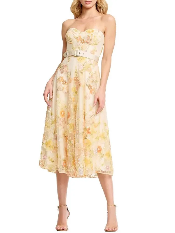 Dress The Population Mabel Strapless Beaded Floral Midi Dress in Ivory Combo M - Image 8