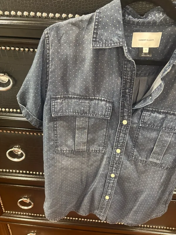 Current/Elliott Indigo Short-Sleeve Dot Button-Down Shirt - Image 2