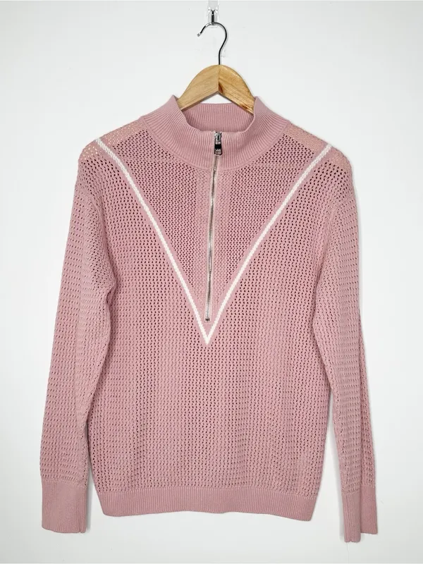 Varley Calva Knit Half-Zip Cotton Sweater Pink Size Small - Image 2