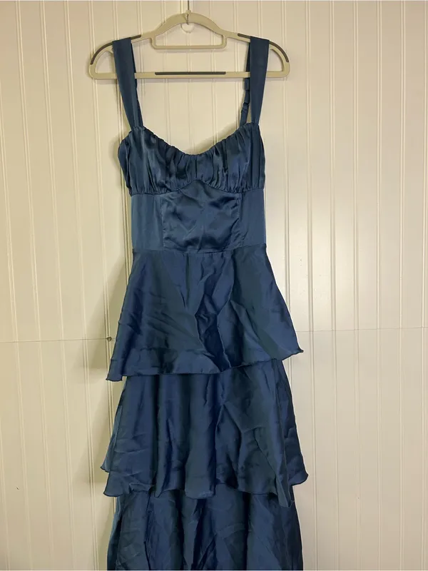 Lucy in the Sky Satin Ruffle Maxi Dress in Slate Blue Size Large - Image 4