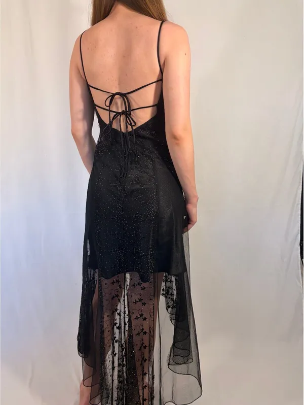Sparkly Black Open Back Tie Overlay High Low Y2k Dress - Image 2