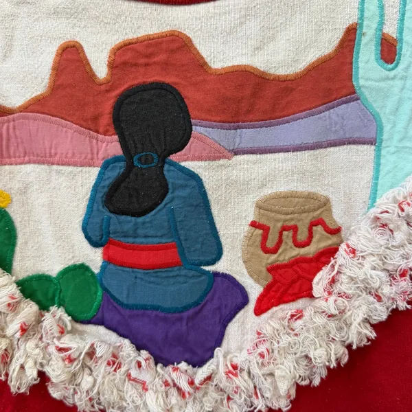 Vintage Southwestern Applique Tee Sz Large Folk Art Fringe Trim Adobe Santa Fe - Image 2