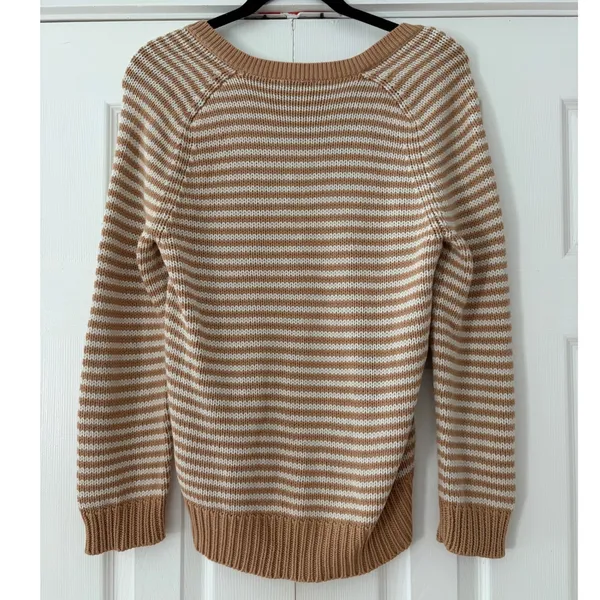 J. Crew Womens Tan White Striped 100% Cotton V-Neck Sweater Size M RN77388 - Image 2