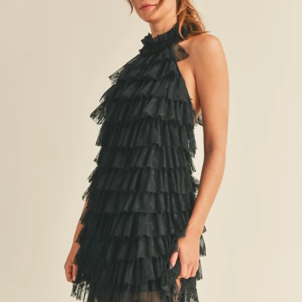 Floral print lace high neck halter ruffle tiered frill mini dress - Image 5