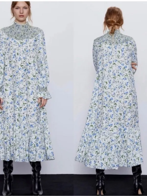 Zara White Blue Floral Smocked High Neck Maxi Dress Size S - Image 2